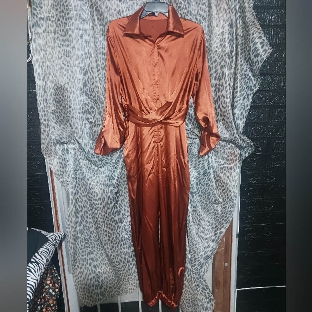 Women Bronzer Orange Color Butyon Down Wrap Jumpsuit - Picture 2 of 14